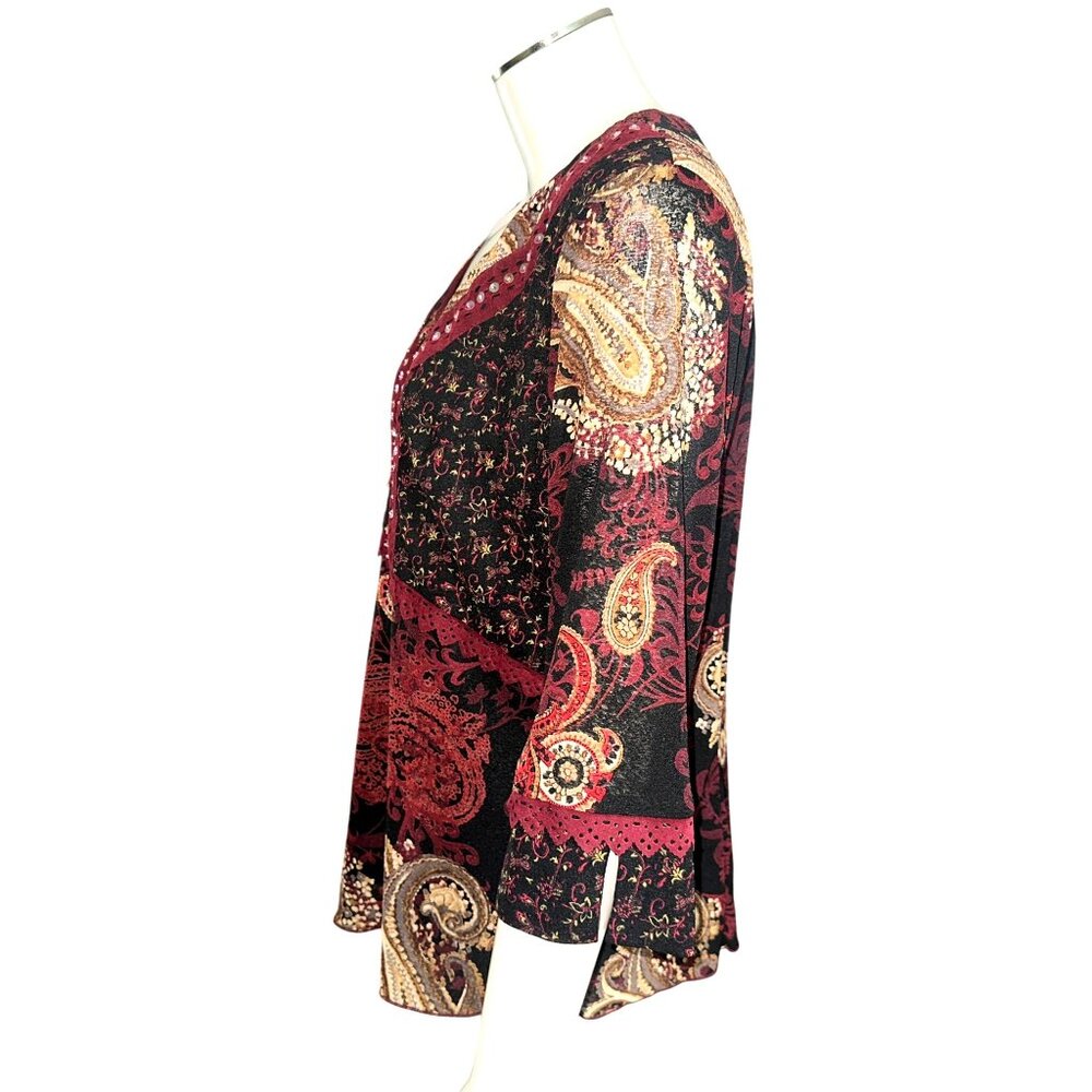Sangria Size 10 Burgundy Paisley Studded V Neck Lined Blouse Vintage Boho Core - Picture 3 of 10